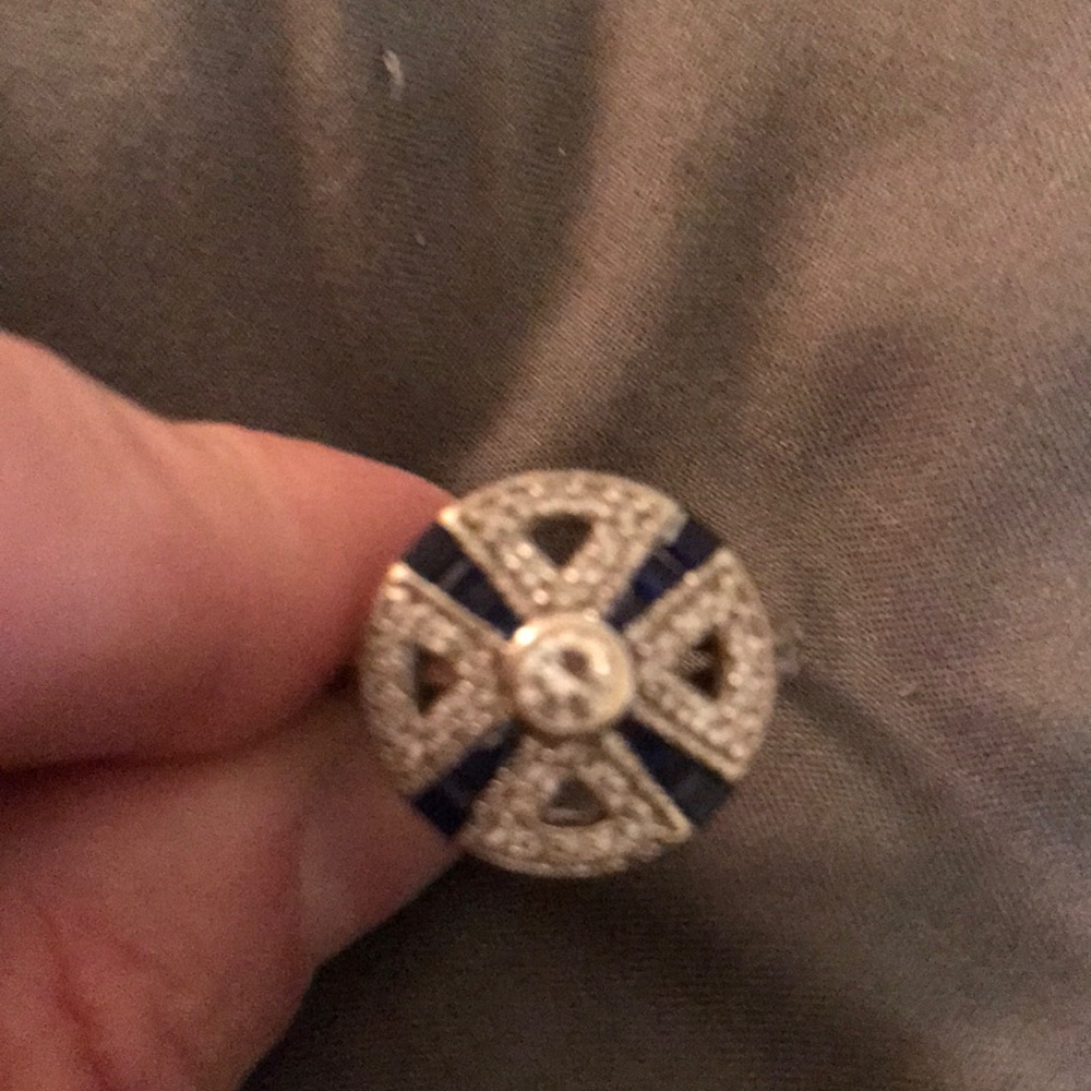 Maltese cross Art Deco sapphire & topaz ring 7.5